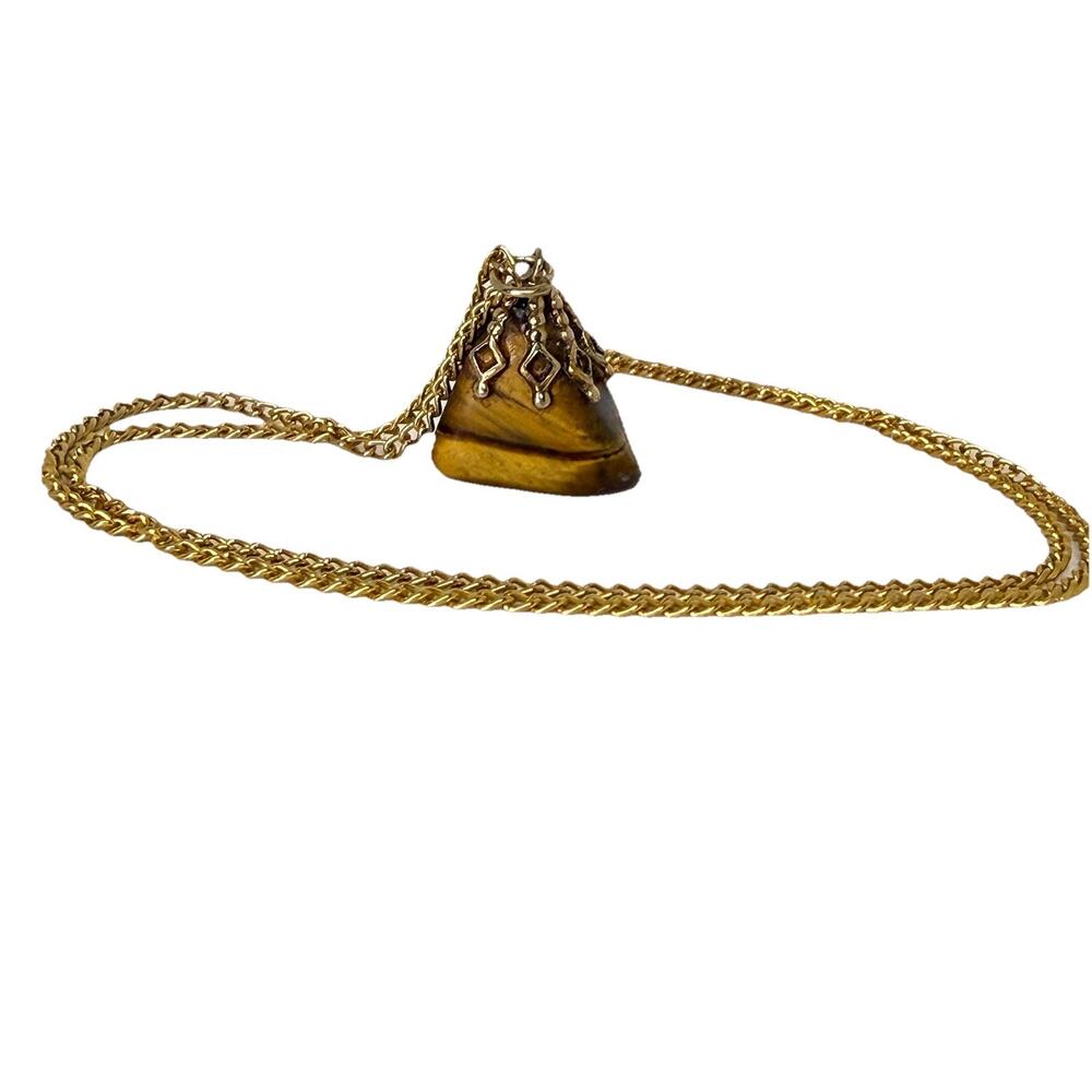 Vintage Polished Tiger's Eye Stone Pendant Necklace Gold Tone